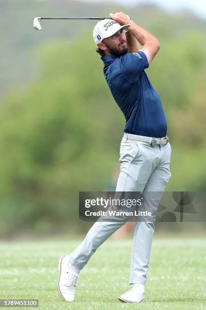 Max Homa of the United States plays his second shot on the 2nd hole during Day Four of the Nedbank Golf Challenge at Gary Player CC on November 12,...