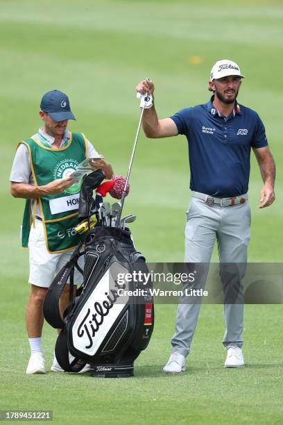 Max Homa of the United States prepares to play his second shot on the 3rd hole during Day Four of the Nedbank Golf Challenge at Gary Player CC on...