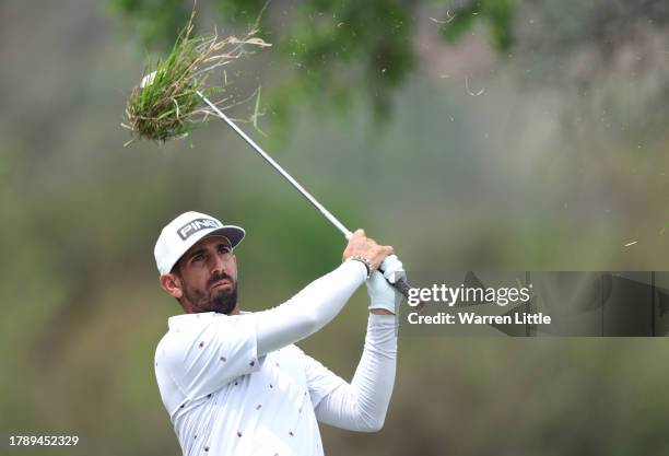 Matthieu Pavon of France plays his second shot on the 10th hole during Day Four of the Nedbank Golf Challenge at Gary Player CC on November 12, 2023...