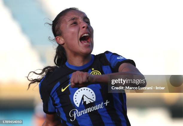 Haley Bugeja of FC Internazionale celebrates her goal during the Women Serie A match between FC Internazionale Women and Pomigliano at Stadio Breda...