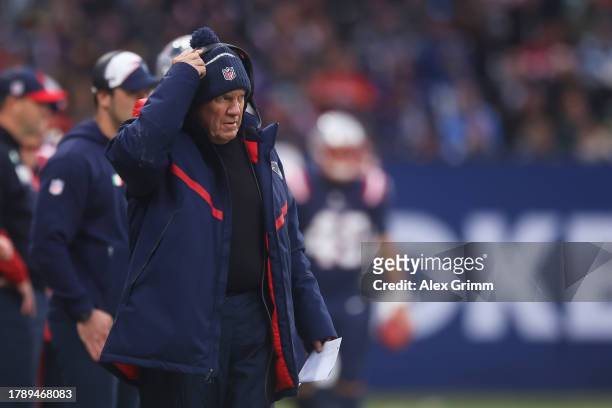 Bill Belichick, Head Coach of the New England Patriots, looks on in the first quarter during the NFL match between the Indianapolis Colts and the New...
