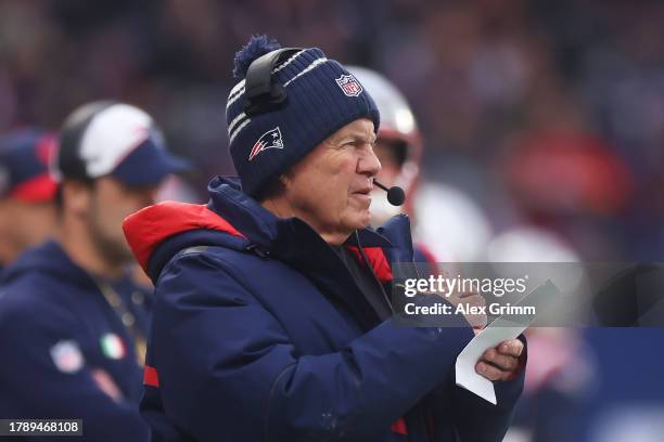 Bill Belichick, Head Coach of the New England Patriots, looks on in the first quarter during the NFL match between the Indianapolis Colts and the New...