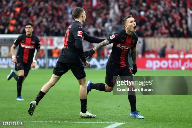 Alex Grimaldo of Bayer Leverkusen celebrates after scoring the team's first goal during the Bundesliga match between Bayer 04 Leverkusen and 1. FC...