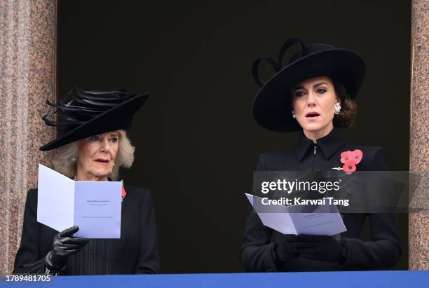 Queen Camilla and Catherine, Princess of Wales attend the National Service of Remembrance at The Cenotaph on November 12, 2023 in London, England....