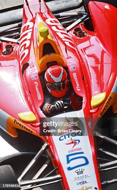 Viso, of Venezuela, driver of the Team Venezuala/Andretti Autosport/HVM Chevrolet Dallara drives his car during for practice for the Grand Prix of...