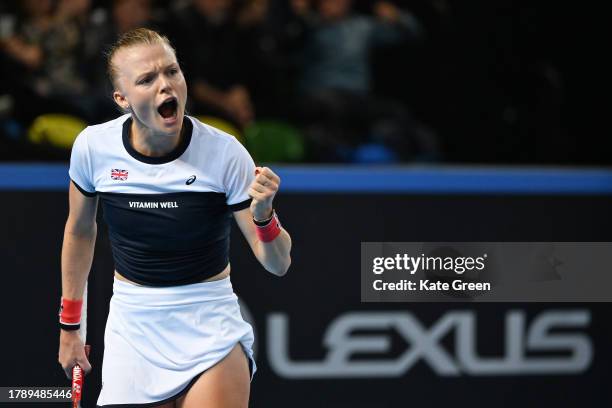 Harriet Dart of Great Britain reacts during day 2 of the Billie Jean King Cup Play-Off match between Great Britain and Sweden at Copper Box Arena on...