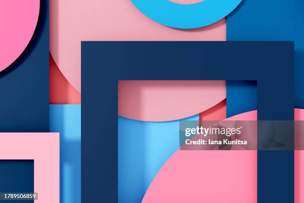 geometric composition. blue and pink circles, squares, rectangles shapes background. abstract 3d pattern. design element. - vierkant tweedimensionale vorm stockfoto's en -beelden