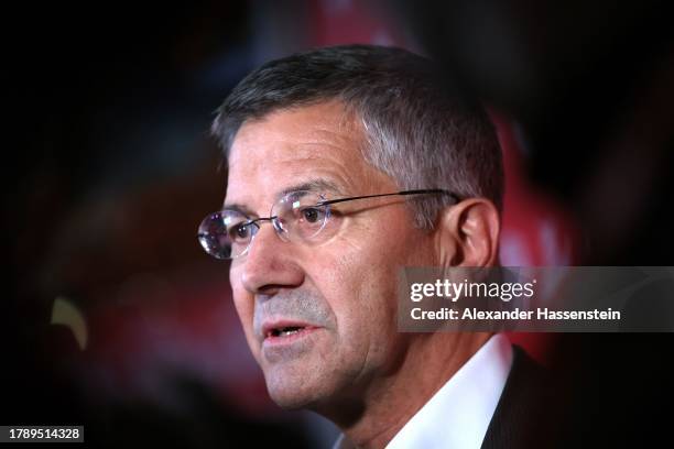 Herbert Hainer, President of FC Bayern München talks to the media after the annual general meeting of football club FC Bayern Muenchen at...