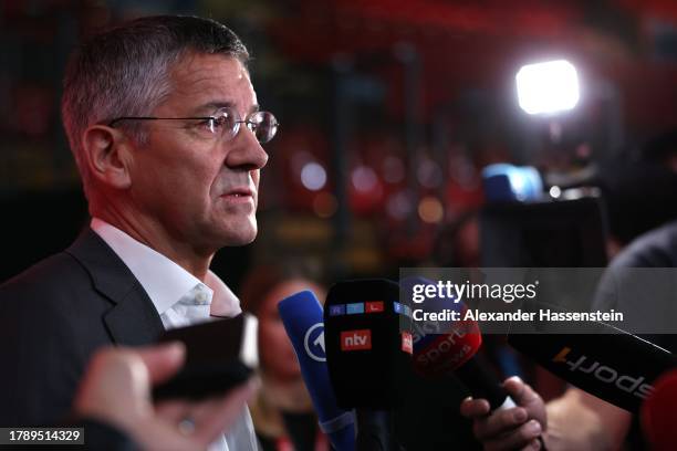 Herbert Hainer, President of FC Bayern München talks to the media after the annual general meeting of football club FC Bayern Muenchen at...