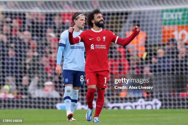 Mohamed Salah of Liverpool celebrates after scoring the team's second goal during the Premier League match between Liverpool FC and Brentford FC at...