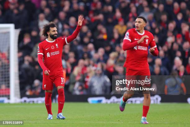 Mohamed Salah of Liverpool celebrates after scoring the team's second goal during the Premier League match between Liverpool FC and Brentford FC at...