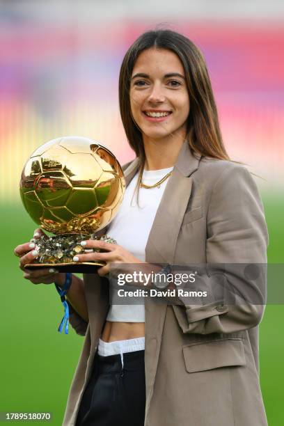 Aitana Bonmatí, poses for a photo with the Women's Ballon d'or Trophy prior to the LaLiga EA Sports match between FC Barcelona and Deportivo Alaves...