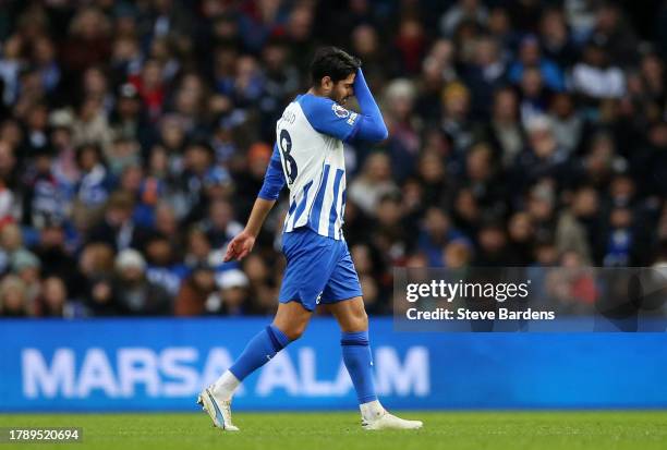 Mahmoud Dahoud of Brighton & Hove Albion leaving the pitch after receiving a red card during the Premier League match between Brighton & Hove Albion...