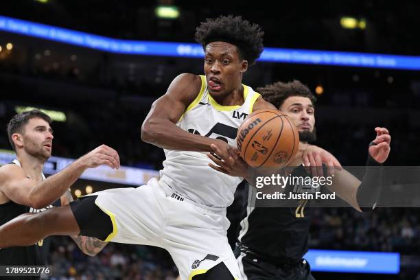 Collin Sexton of the Utah Jazz handles the ball during the game against the Memphis Grizzlies at FedExForum on November 10, 2023 in Memphis,...