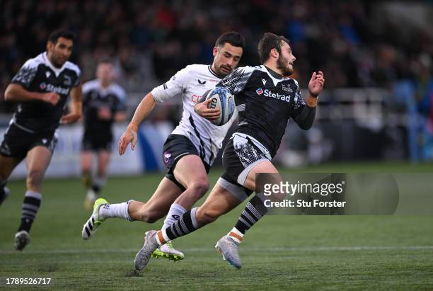 Falcons wing Iwan Stephens makes a break during the Gallagher Premiership Rugby match between Newcastle Falcons and Saracens at Kingston Park on...