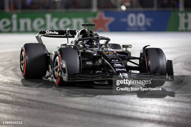 Alfa Romeo driver Valtteri Bottas of Finland drives during qualifying at the F1 Las Vegas Grand Prix on Thursday, November 17, 2023 on the Las Vegas...