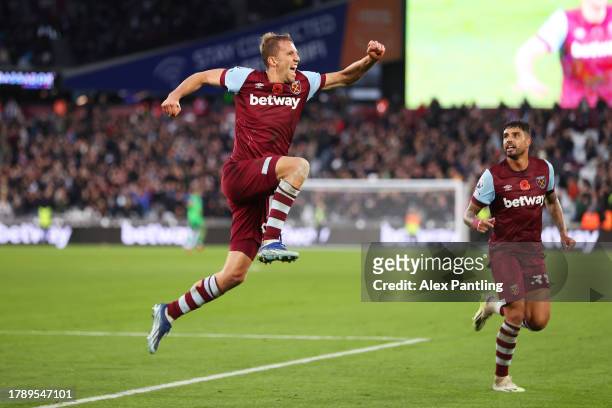 Tomas Soucek of West Ham United celebrates after scoring the team's third goal during the Premier League match between West Ham United and Nottingham...