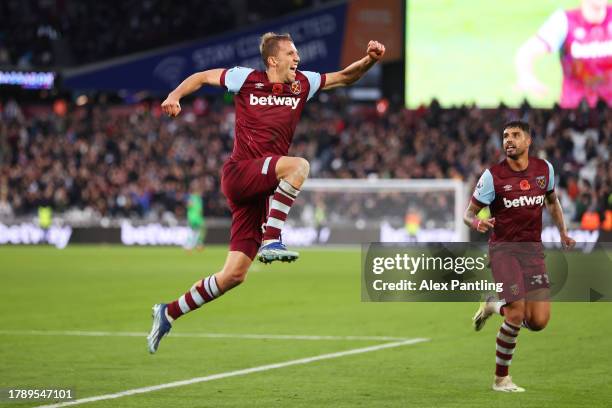 Tomas Soucek of West Ham United celebrates after scoring the team's third goal during the Premier League match between West Ham United and Nottingham...