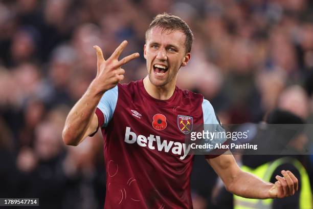 Tomas Soucek of West Ham United celebrates after scoring the team's third goal during the Premier League match between West Ham United and Nottingham...