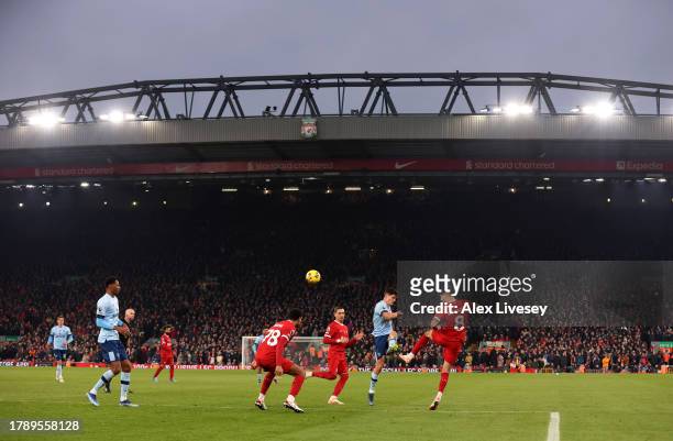 General view inside the stadium as Christian Norgaard of Brentford clears the ball during the Premier League match between Liverpool FC and Brentford...