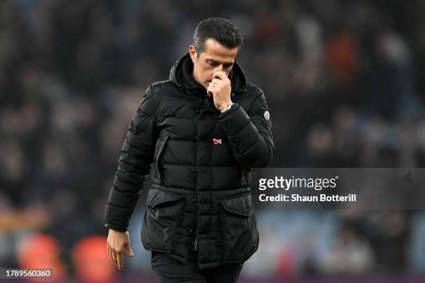 Marco Silva, Manager of Fulham, looks dejected at full-time after their team's defeat in the Premier League match between Aston Villa and Fulham FC...