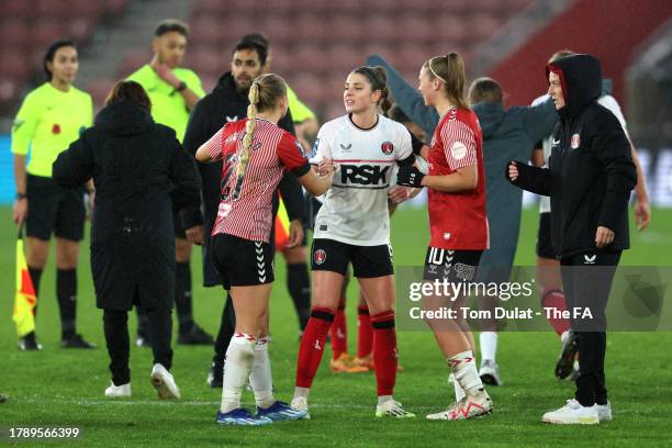 Carla Humphrey of Charlton Athletic acknowledges Jemma Purfield and Rianna Dean of Southampton following the Barclays FA Women's Championship match...