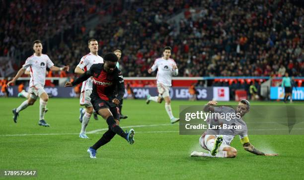 Nathan Tella of Bayer Leverkusen scores the team's fourth goal during the Bundesliga match between Bayer 04 Leverkusen and 1. FC Union Berlin at...