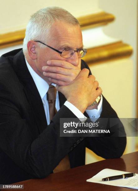 Czech President Vaclav Klaus listens to the members of Parliament 17 November 2004 at the Chamber of Deputies in Prague commemorating the 15th...