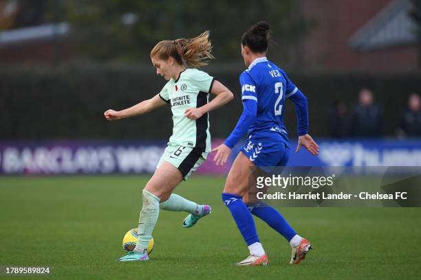 Sjoeke Nusken of Chelsea is challenged by Katrine Veje of Everton during the Barclays Women´s Super League match between Everton FC and Chelsea FC at...