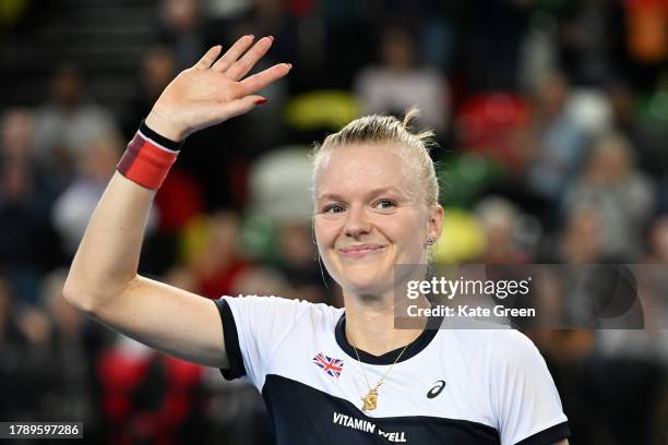 Harriet Dart of Great Britain celebrates after winning against Caijsa Hennemann of Sweden during day 2 of the Billie Jean King Cup Play-Off match...