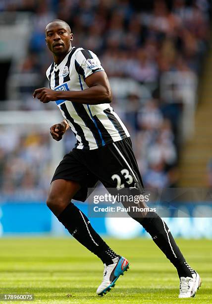 Shola Ameobi of Newcastle in action during the Premier League match between Newcastle United and Fulham at the St James Park on August 31, 2013 in...