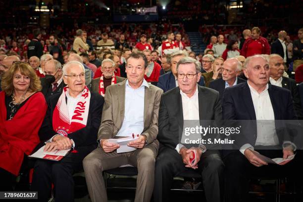 Edmund Stoiber, Andreas Jung, Karl Hopfner and Uli Hoeness attend the annual general meeting of football club FC Bayern Muenchen at BMW Park on...