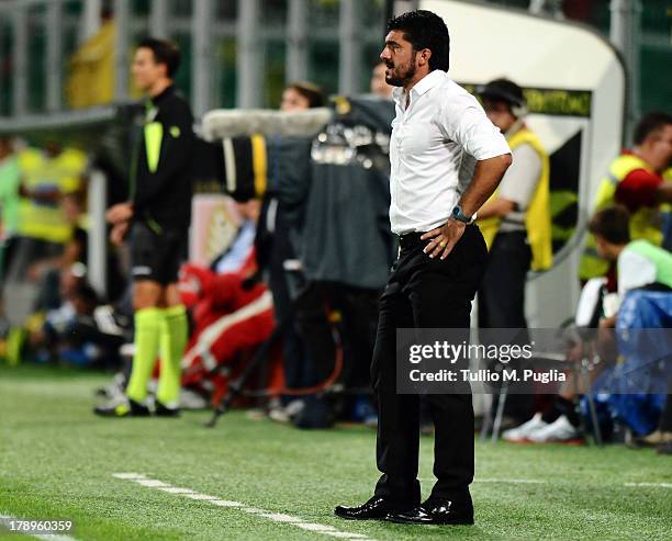 Citta di Palermo coach Gennaro Gattuso looks on during the Serie B match between US Citta di Palermo and Empoli FC on August 31, 2013 in Palermo,...