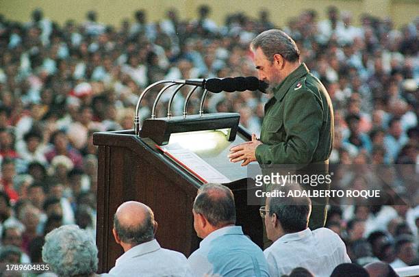 Cuba's President Fidel Castro takes a pause during his speech to the public 26 July in Santiago de Cuba to remember the 45th anniversary of the...