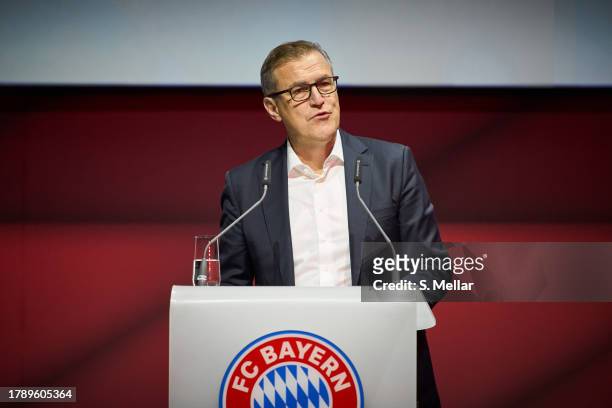 Of FC Bayern Muenchen Jan-Christian Dreesen speaks during the annual general meeting of football club FC Bayern Muenchen at BMW Park on November 12,...