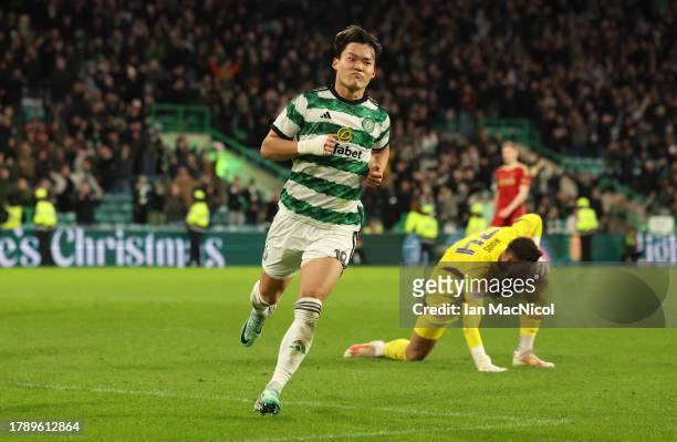 Hyeongyu Oh of Celtic celebrates after he scores his team's sixth goal during the Cinch Scottish Premiership match between Celtic FC and Aberdeen at...