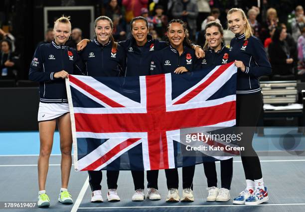 Harriet Dart, Jodie Burrage, Anne Keothavong, Heather Watson, Maia Lumsden and Katie Boulter of Great Britain pose for a photo after the team's...