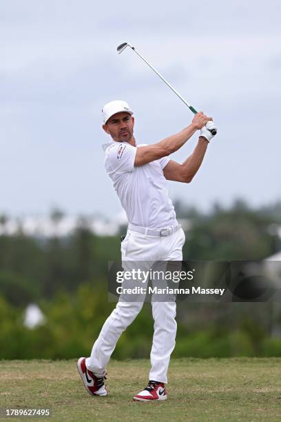 Camilo Villegas of Colombia plays his shot from the tenth tee during the final round of the Butterfield Bermuda Championship at Port Royal Golf...