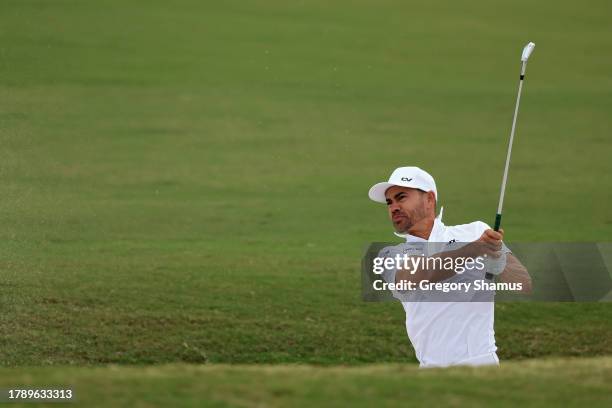 Camilo Villegas of Colombia plays his second shot on the ninth bunker during the final round of the Butterfield Bermuda Championship at Port Royal...