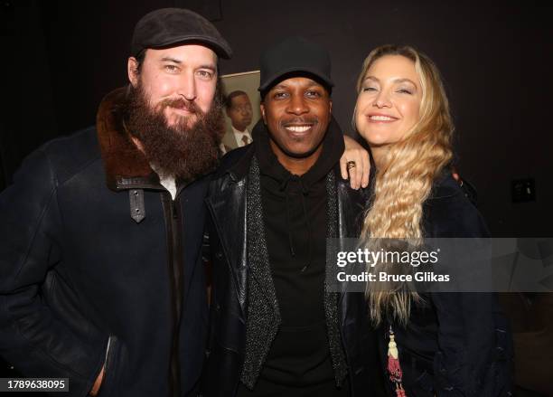 Danny Fujikawa, Leslie Odom Jr and Kate Hudson pose backstage at "Purlie Victorious" on Broadway at The Music Box Theatre on November 11, 2023 in New...