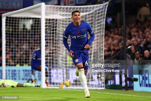 Thiago Silva of Chelsea celebrates after scoring the team's first goal during the Premier League match between Chelsea FC and Manchester City at...