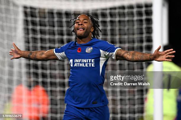 Raheem Sterling of Chelsea celebrates after scoring the team's second goal during the Premier League match between Chelsea FC and Manchester City at...