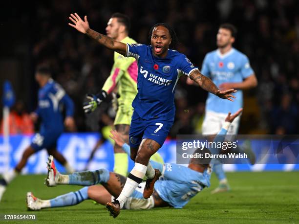 Raheem Sterling of Chelsea celebrates after scoring the team's second goal during the Premier League match between Chelsea FC and Manchester City at...