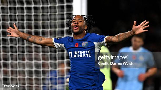 Raheem Sterling of Chelsea celebrates after scoring the team's second goal during the Premier League match between Chelsea FC and Manchester City at...