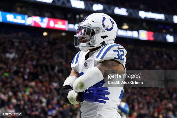 Julian Blackmon of the Indianapolis Colts celebrates an interception in the fourth quarter during the NFL match between the Indianapolis Colts and...
