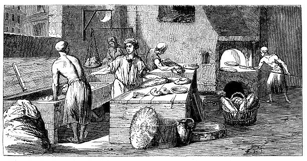 antique illustration of bakers working - bake bread bw stock illustrations