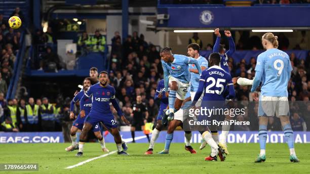 Manuel Akanji of Manchester City scores the team's second goal during the Premier League match between Chelsea FC and Manchester City at Stamford...