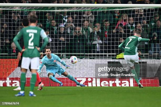 Marvin Ducksch of Werder Bremen scores the team's first goal from a penalty during the Bundesliga match between SV Werder Bremen and Eintracht...