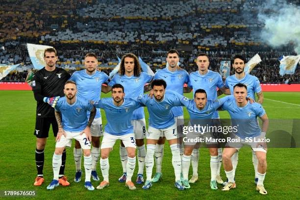 Lazio team line up ashea during the Serie A TIM match between SS Lazio and AS Roma at Stadio Olimpico on November 12, 2023 in Rome, Italy.