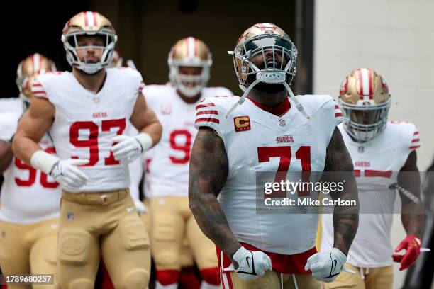 Trent Williams of the San Francisco 49ers reacts as he enters the field before the game against the Jacksonville Jaguars at EverBank Stadium on...